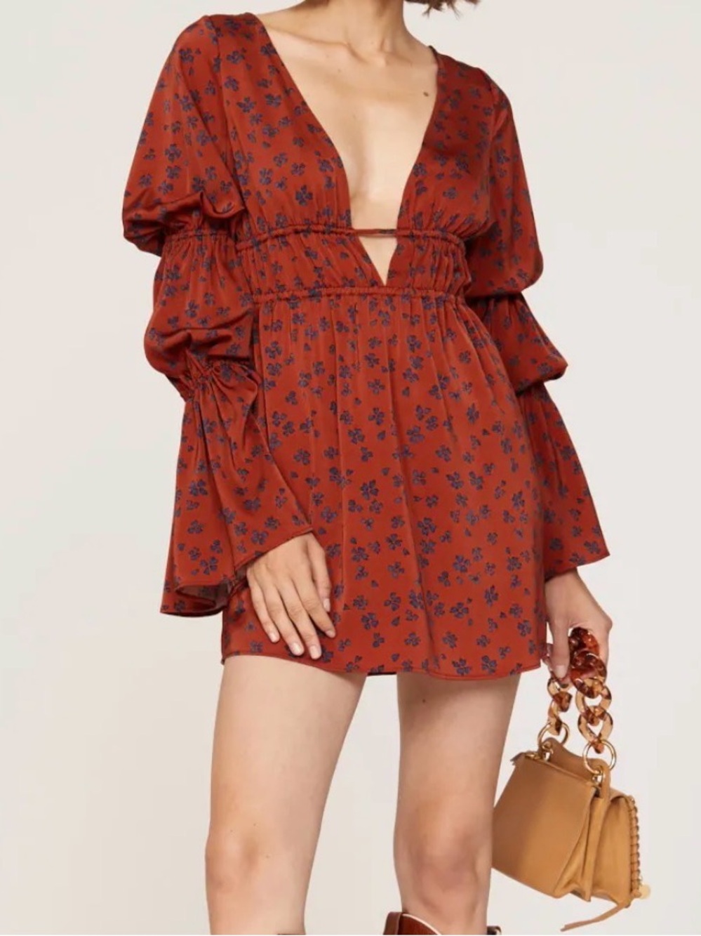 WeWoreWhat Rust Floral Plunge Long-Sleeve Mini Dress